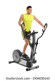 Man Using Modern Elliptical Machine On White Background