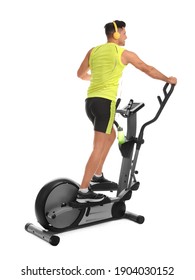 Man Using Modern Elliptical Machine On White Background