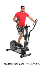 Man Using Modern Elliptical Machine On White Background