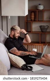 Man using modern notebook surfing internet, read news, distance online study work concept. - Shutterstock ID 1819275434