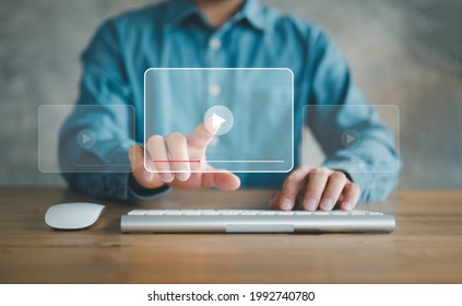 man using mouse   keyboard for streaming online  watching video internet  live concert  show tutorial