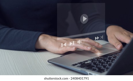 Man using mouse and keyboard for streaming online, watching video on internet, live concert, show or tutorialwatching video on internet, live concert, show or tutorial, content online.