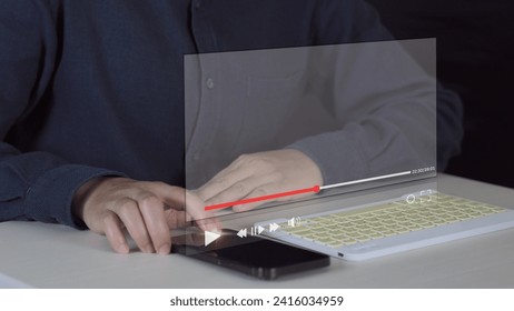 man using mouse and keyboard for streaming online on virtual screen, watching video on internet, live concert, show or tutorial, content online