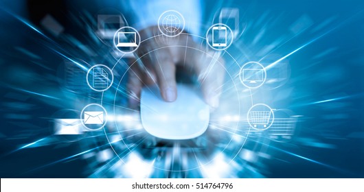 Man using mouse payments online shopping and icon customer network connection fast speed, m-banking and omni channel 