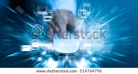 Man using mouse payments online shopping and icon customer network connection fast speed, m-banking and omni channel 