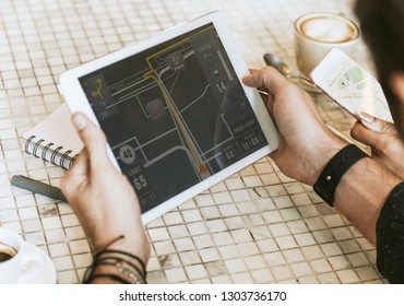 Man using navigate application searching place