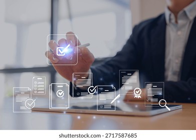 Man using pen and digital tablet with document icons Document data system Report HR technology Concept, Businessman Manager checking white documents reports papers of files icon in modern office