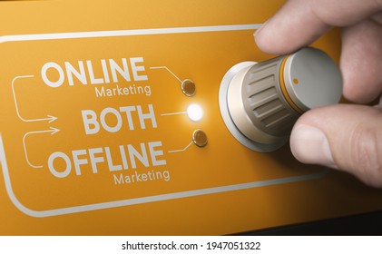 Man Using A Rotary Knob To Switch Strategies And To Select Both Online And Offline Marketing Channels. Composite Image Between A Hand Photography And A 3D Background.