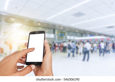 Man Using Smart Phone Mobile In The Airport Terminal