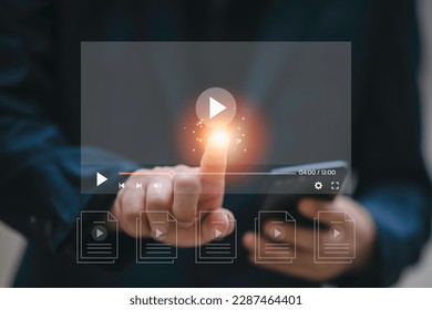 Man using smart phone for streaming online on virtual screen, watching video on internet, live concert, show or tutorial, content online.