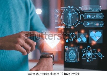 Man using smart watch to record exercise data  and health record Relieve stress, relax muscles, practice breathing, exercise, meditate