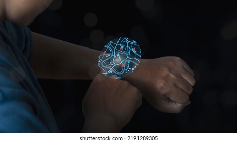 Man using smart watch technology find virtual model map with location point, icon maps and find places in the online system, Connection line over the map, Navigation concept.