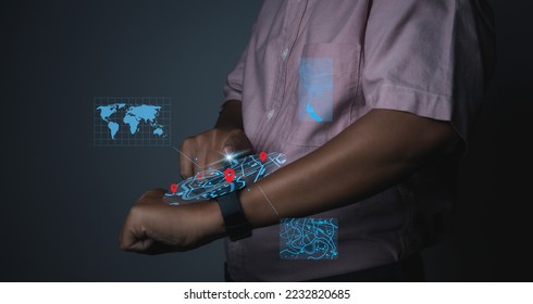 Man using smart watch technology find virtual model map with location point, icon maps and find places in the online system, Connection line over the map, Navigation concept.