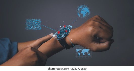 Man using smart watch technology find virtual model map with location point, icon maps and find places in the online system, Connection line over the map, Navigation concept. - Powered by Shutterstock - Get 15% off with code: PIKWIZARD15