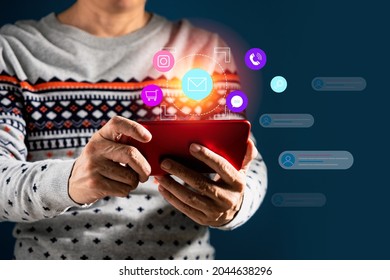 Man using smartphone to chat, post and message on social media. Smart communication technology and business marketing