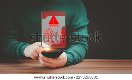 Man using a smartphone chatting with a smart AI chatbot with triangle caution warning sign for notification error concept. Chatbot with AI.