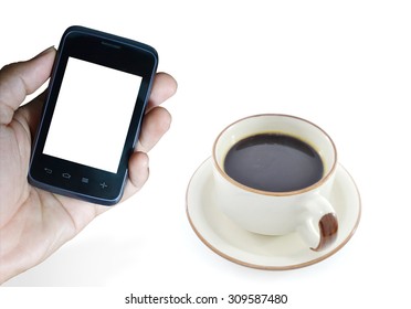 Man using smartphone close-up, with coffee cup on the background