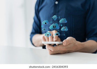 Man using smartphone with cloud tech business platform solution.File upload, download or back up through data storage via security server network system. Datacenter technology and internet concept.