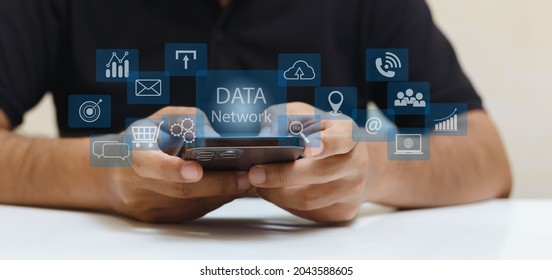 Man using smartphone with data network digital connect. transformation communication internet wireless. technology information concept.