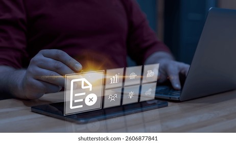 Man Using Smartphone to Delete Document via Virtual Interface – Mobile Data Management and Digital Business Concept