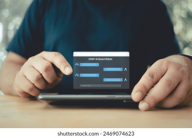 Man using smartphone for digital chatbot for communication chat with bot. AI Artificial Intelligence concept, digital chatbot on virtual screen.