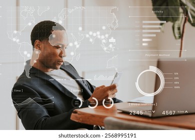 Man using smartphone with digital graphs overlay. Business, technology, and data visualization concepts. Charts and graphs, data and technology focus. Black businessman working in office.