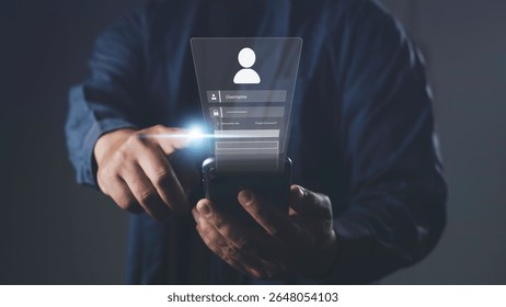 Man using smartphone with digital login interface, representing user authentication, mobile access, secure login form, UI UX design, and digital identity verification.