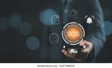 Man using Smartphone with Emergency app in home, call phone, Chat message icon, Emergency application from smartphone for elderly, technology concept. Old hand touch mobile phone and call for help.