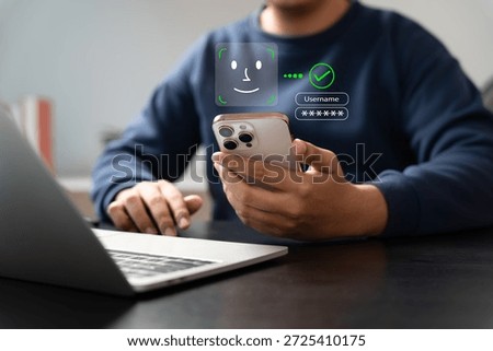 Man using smartphone with Face ID biometric authentication for secure access. Facial recognition technology ensures privacy, digital identity protection, and cybersecurity.