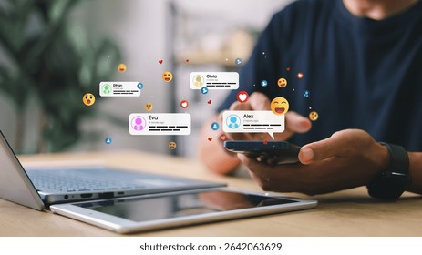 Man using smartphone with floating social media message notifications and emoji reactions. Concept of digital communication, social engagement, and real-time interaction.