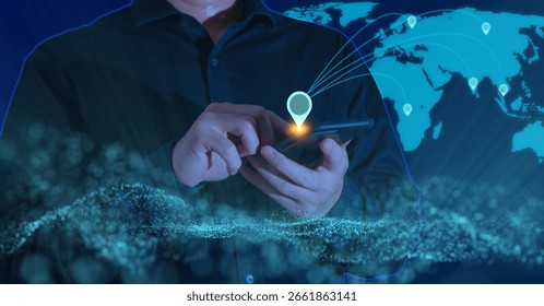 Man Using Smartphone with Global Network Visual