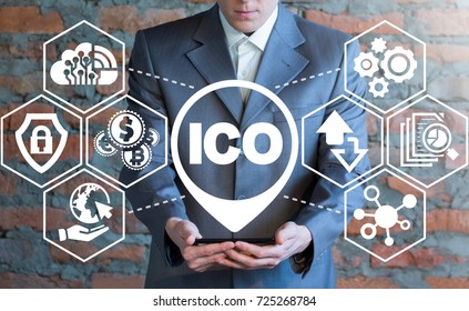 Man Using Smartphone With ICO (Initial Coin Offering) Icon On A Virtual Screen. ICO Digital Electronic Trade Market Stock Index Concept.