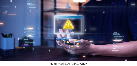 Man using smartphone with online crime risk warning symbol sign. Accessing websites, clicking on unsafe text links is a threat to identity theft software. - Shutterstock ID 2346777879