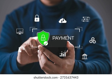 Man using smartphone with secure payment interface and protection, representing digital payment security, online banking, fintech technology, mobile transaction, data protection, financial business.