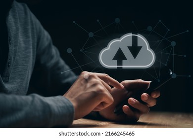 Man using smartphone with virtual cloud computing with connection line.Cloud computing system for sharing download and upload big data information.