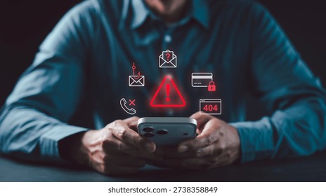 Man using smartphone virtual red cybersecurity warning icons Phishing, Call scam, Credit card fraud, 404 Error for online safety concept, OTP fraud, Attack Crime, Spyware Blacklist, Protection Crisis
