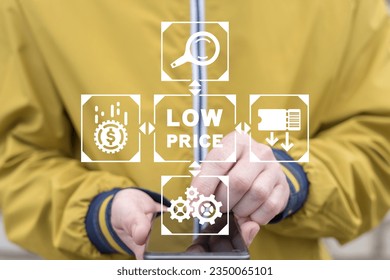 Man using smartphone and virtual touch screen sees inscription: LOW PRICE. Low price and cost reduction concept. Discount price offer.
