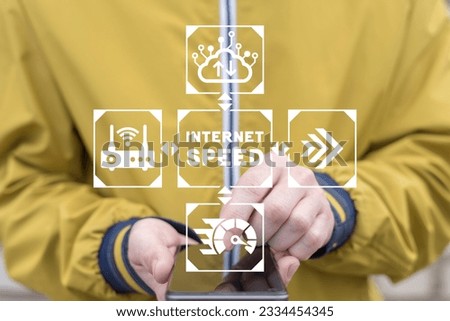Man using smartphone and virtual touch screen sees inscription: INTERNET SPEED. Global internet connection acceleration concept. Web speed progress. Web page speed loading optimization and SEO.
