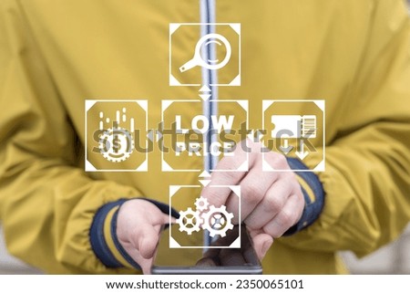 Man using smartphone and virtual touch screen sees inscription: LOW PRICE. Low price and cost reduction concept. Discount price offer.
