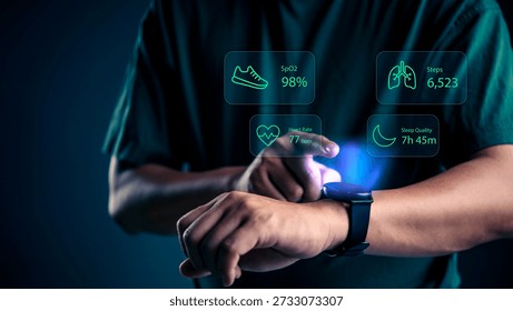 Man using smartwatch with holographic interface showing heart rate SpO2 and steps data. Futuristic wearable technology concept for digital health monitoring and fitness tracking analysis. - Powered by Shutterstock - Get 15% off with code: PIKWIZARD15