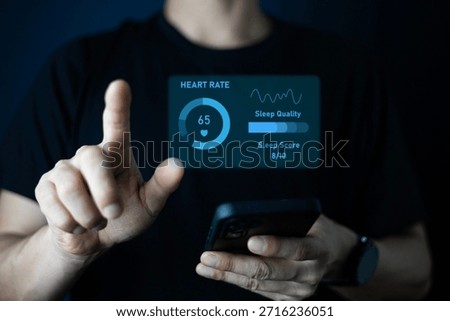 Man using smartwatch sync to smartphone to displaying sleep cycle graph. Data visualization and health monitoring. Innovative wearable technology