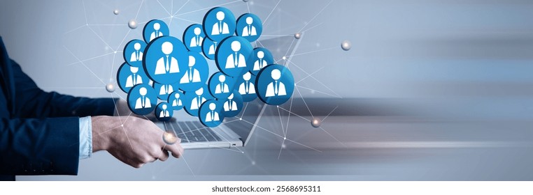 man using social network interface with group of people.