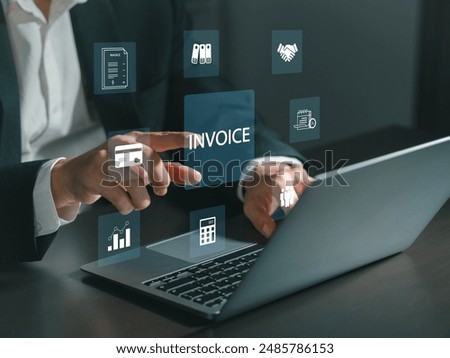 Man using tablet computer with invoice location icons on virtual screen Concept of online digital invoices and statements