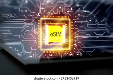 Man using tablet computer at table, closeup. Virtual electronic SIM card (eSIM) above device