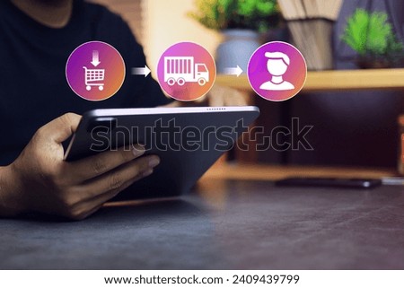 Man using tablet computer to tracking package shipment status from seller to buyer destination domestic and international. Parcell transportation shipping from online Marketing concept