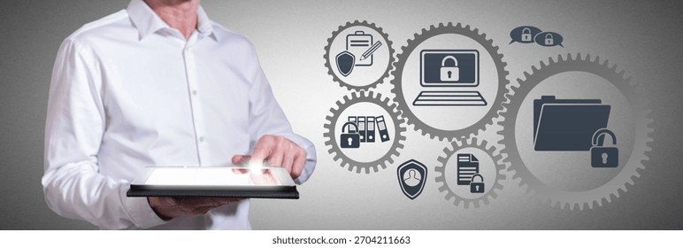 Man using a tablet with confidential data concept