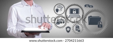 Man using a tablet with confidential data concept