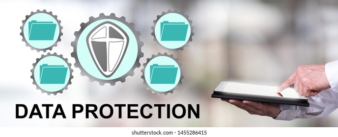 Man using a tablet with data protection concept