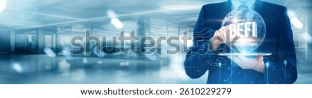 Man using tablet with DeFi, blockchain technology, peer-to-peer lending, decentralized exchanges, smart contract protocols, crypto assets, digital wallets, financial sovereignty, concept.
