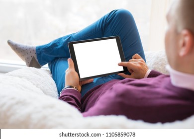 Man Using Tablet. Tablet Horizontal Screen Mockup.